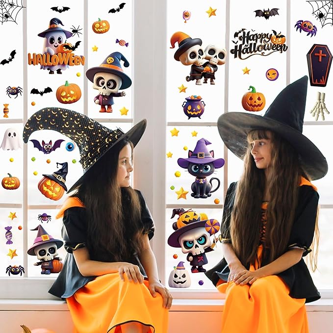 9 Sheets Halloween Window Clings,Cut Ghost Pumpkin Bat Cat Stickers,Reusable Halloween Window Decals Decorations for Party Supplies Home Shop Glass Decor