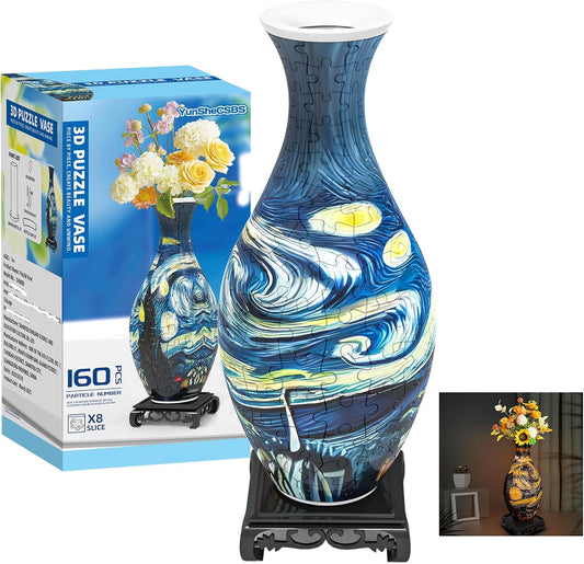 3D Puzzles Vase for Adults, Crafts for Adults, 160 Pieces Plastic DIY Unique Flower Vase with LED Light House Warming Gift Birthday Gifts for Flower Arrangements and Home Decor (Blue)
