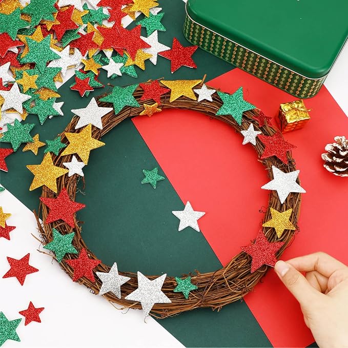 JULBEAR Star Foam Sticker, 300Pcs Christmas Glitter Star Shapes Foam Stickers for Kids Holiday Xmas Party Favors Toddler DIY Crafts Supplies Home Decorations(Red Green Gold Silver)