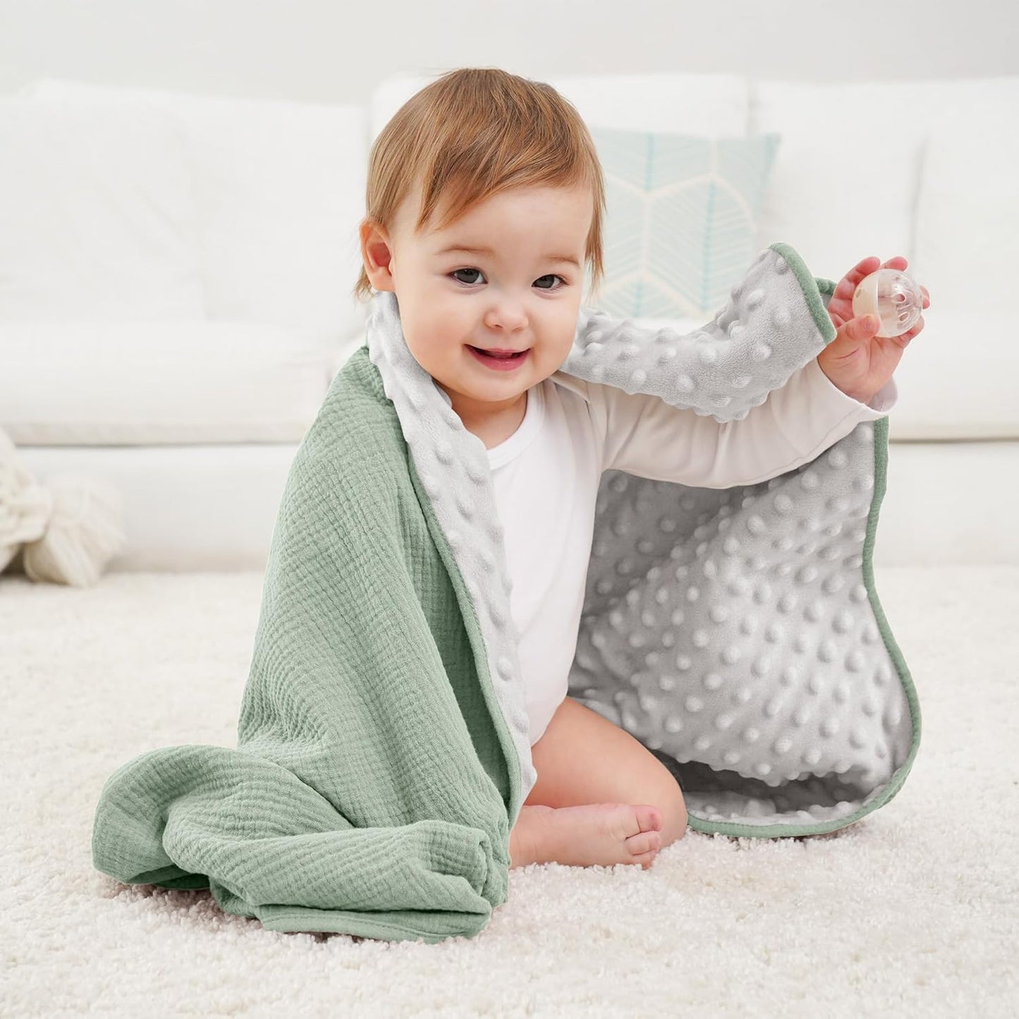 Susurration Baby Blanket for Unisex Boys Girls, Soft Nursery Minky Blanket with Muslin Cotton Front and Dotted Fleece Back, Receiving Blanket for Baby Newborn Infant, 30x40inch (Green)