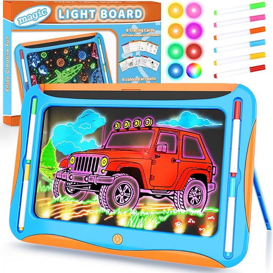 Magic LED Drawing Board for Kids, Toys for Boys Ages 5-7, Light Up Tracing Pad with 9 Double-Sided Cards, 6 Washable Pens, Glow Up Toys for Kids 4-6 Year Old Christmas Birthday Gifts