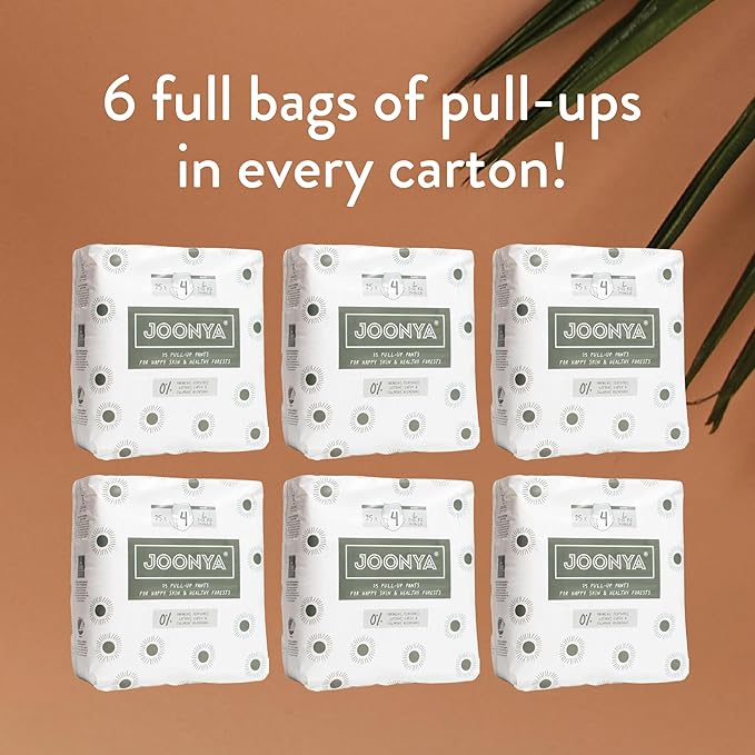Joonya Pull-Up Pants Baby Diapers, Size 4 L (15-26 lb) - 6 Bags of 25 (150) - NonToxic, Eco-Friendly, Ultra Slim, Overnight Use - Made in Denmark