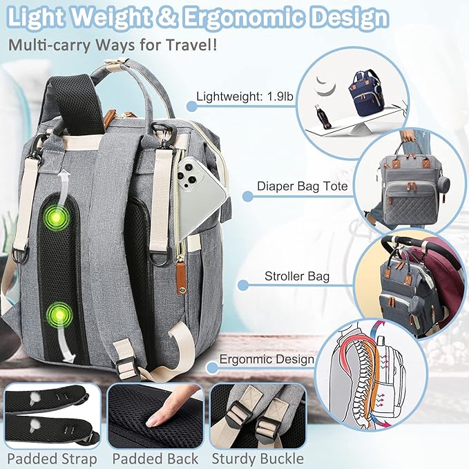 Diaper Bag Backpack Baby Bag, Baby Girl Boy Diaper Bag for Dad Mom with Pad, 16 Pockets, Pacifier Case, Large Diaper Bags Unisex for Travel (Grey)