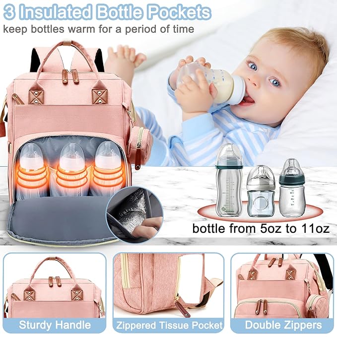 Diaper Bag Backpack Baby Bag, Baby Girl Boy Diaper Bag for Dad Mom with Pad,16 Pockets, Pacifier Case, Large Diaper Bags Unisex for Travel (Orange Pink)