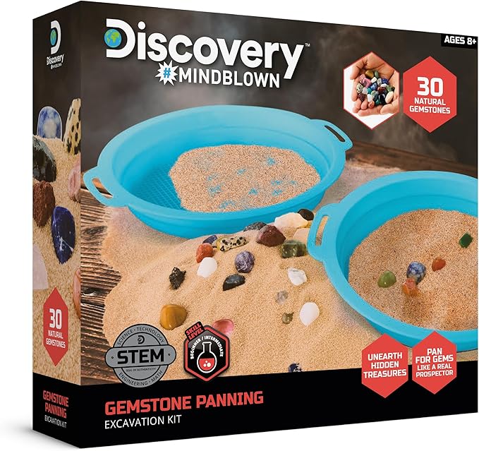 Discovery™ Gemstone Panning STEM Kit – Pan for 30 Real Gems| 2 Sifting Pans, Sand & Learning Guide| Educational Science Activity for Kids| Geology Rock Excavation Set| Boys & Girls Toy Gift| Ages 8+