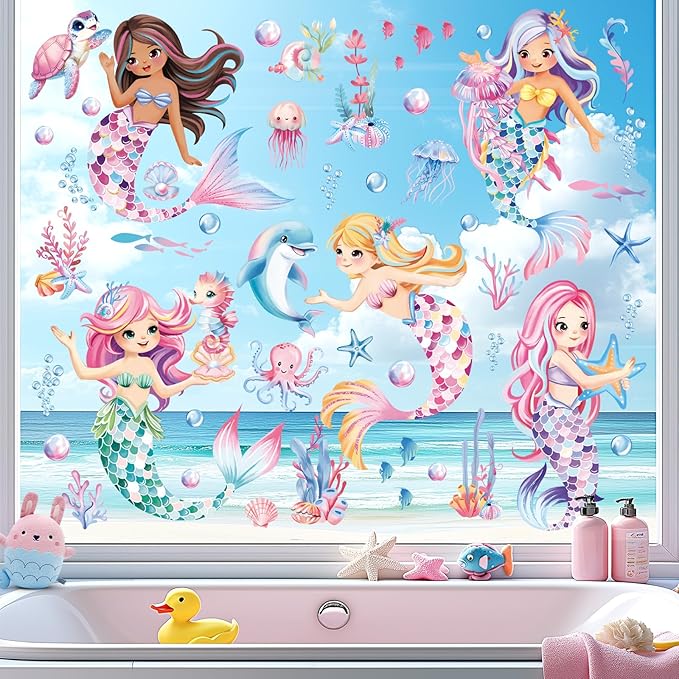 decalmile Under The Sea Mermaid Double Sided Window Clings Ocean Animal Whale Turtle Jellyfish Anti-Collision Glass Doors Window Stickers Decals