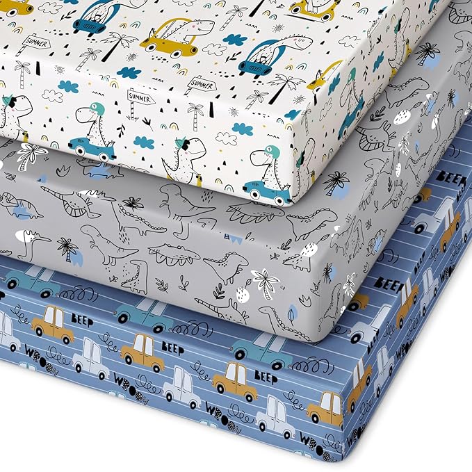 Pack and Play Sheets Fitted 3 Pack, Mini Crib Sheets for Pack N Play Mattress Stretchy Portable Playard Sheets, Soft Breathable Grey & Blue Car