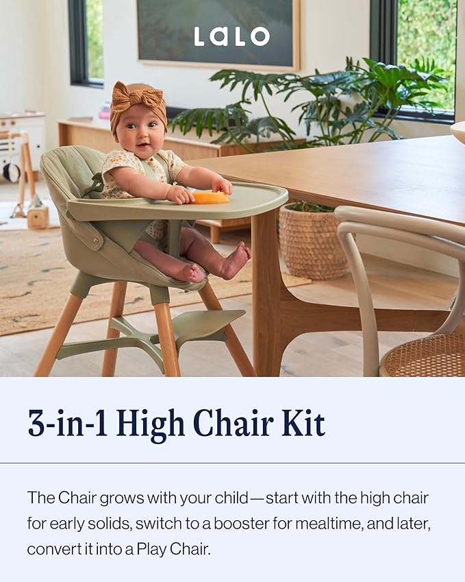 Lalo The 3-in-1 High Chair Kit - Convertible Wooden High Chair for Babies & Toddlers with Infant Support, Cushion, Booster Conversion Kit & Play Legs, Adjustable Footrest - Licorice