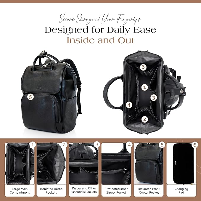 Citi Collective Explorer Black Diaper Bag Backpack - Vegan Leather Diaper Bag with Shoulder Strap, Insulated Bottle Pockets, Changing Pad, Stroller Clip- Versatile Diaper Bag for Baby