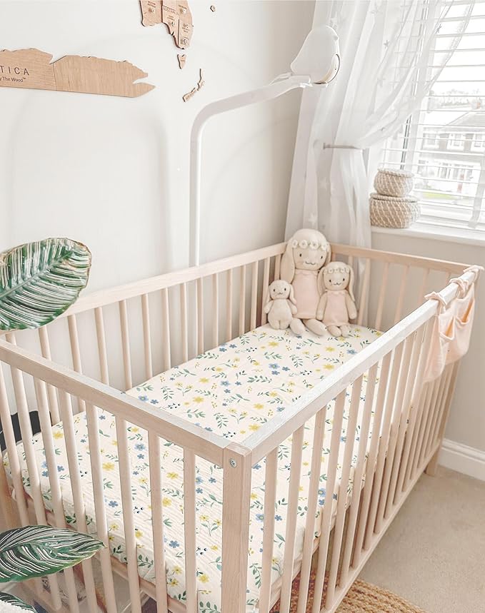 Mini Crib Sheets for Baby Boy Girl 2 Pack, Neutral Mini Crib Mattress Sheet 24" x 38", Muslin Nursery Bedding Soft and Breathable Comfort (Spring Garden & Sage)