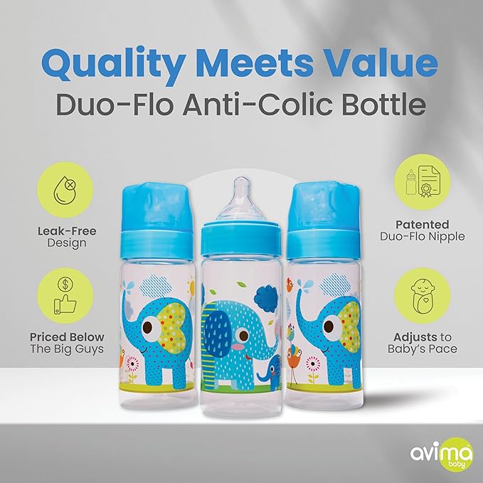 Avima Baby 9 oz Anti Colic Baby Bottles for Breastfed Babies - Medium Flow Nipples, Wide Neck Bottle, BPA Free - 3-6 Months, Stage 2 (Set of 3) Blue Baby Bottle - Elephants