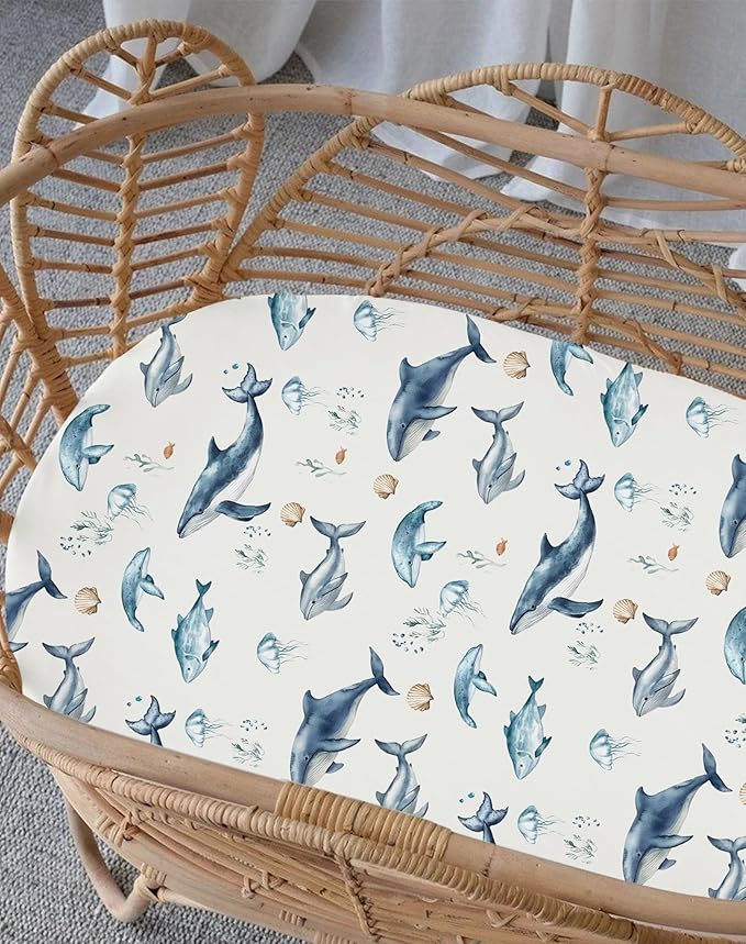 Bassinet Sheets for Baby Girls Boys 2 Pack, Fitted Baby Mattress Sheet for Rectangle, Oval, Hourglass Bassinet Mattress, Breathable Cozy & Universal Fit (Aquatic Adventures)