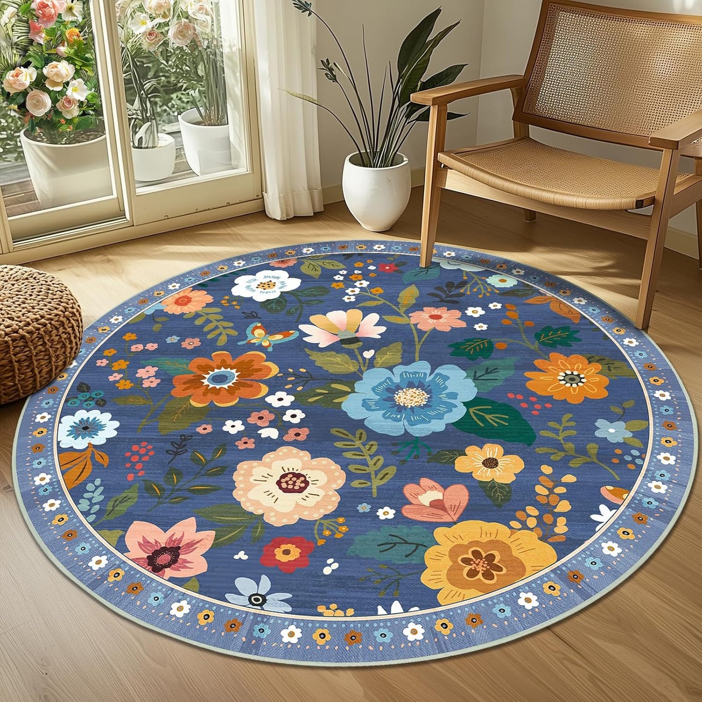 Floral 4ft Area Rug Machine Washable Soft Print Boho Carpet Non Slip Doormat Low Pile Flower Area Rugs for Living Room Bedroom Nursery Kitchen Dining Room Indoor-Blue/Grey