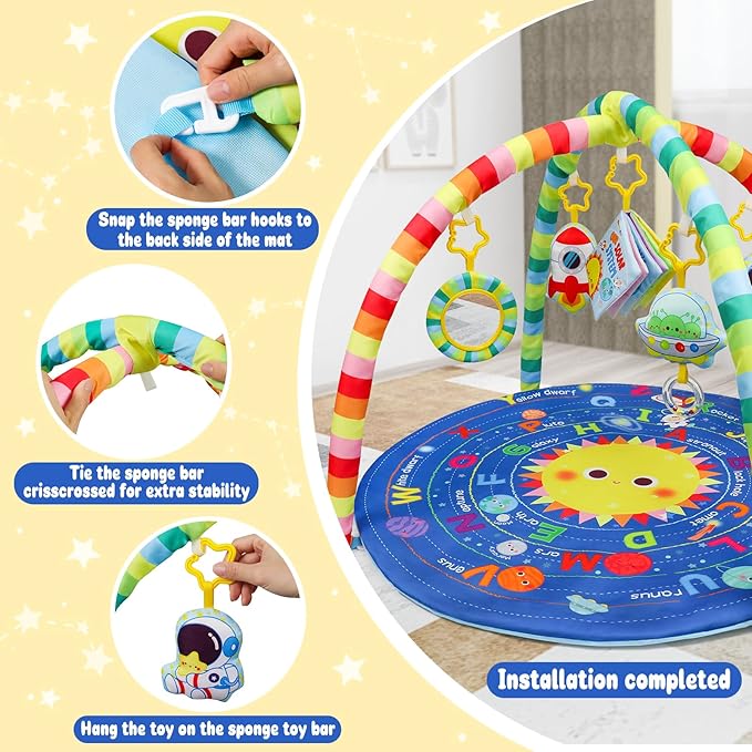 OKOOKO Baby Play Mat, Activity Baby Play Gym with Arch, Solor System Playmats & Floor Gyms, Alphabet Mat, Detachable Mirror, Thick Non Toxic Playmats for 0+
