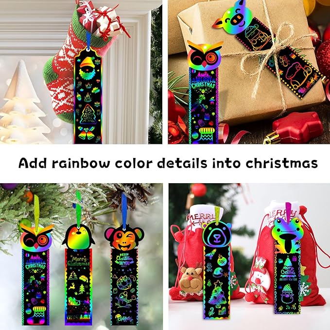 100 Sets Scratch Art Bookmarks Making Kit, DIY Crafts Animal Bookmarks for Kids with 100 Ribbons and 100 Wood Stylus for Boys Girls Classroom Activities Birthday Party Favors, 13 Styles(B)