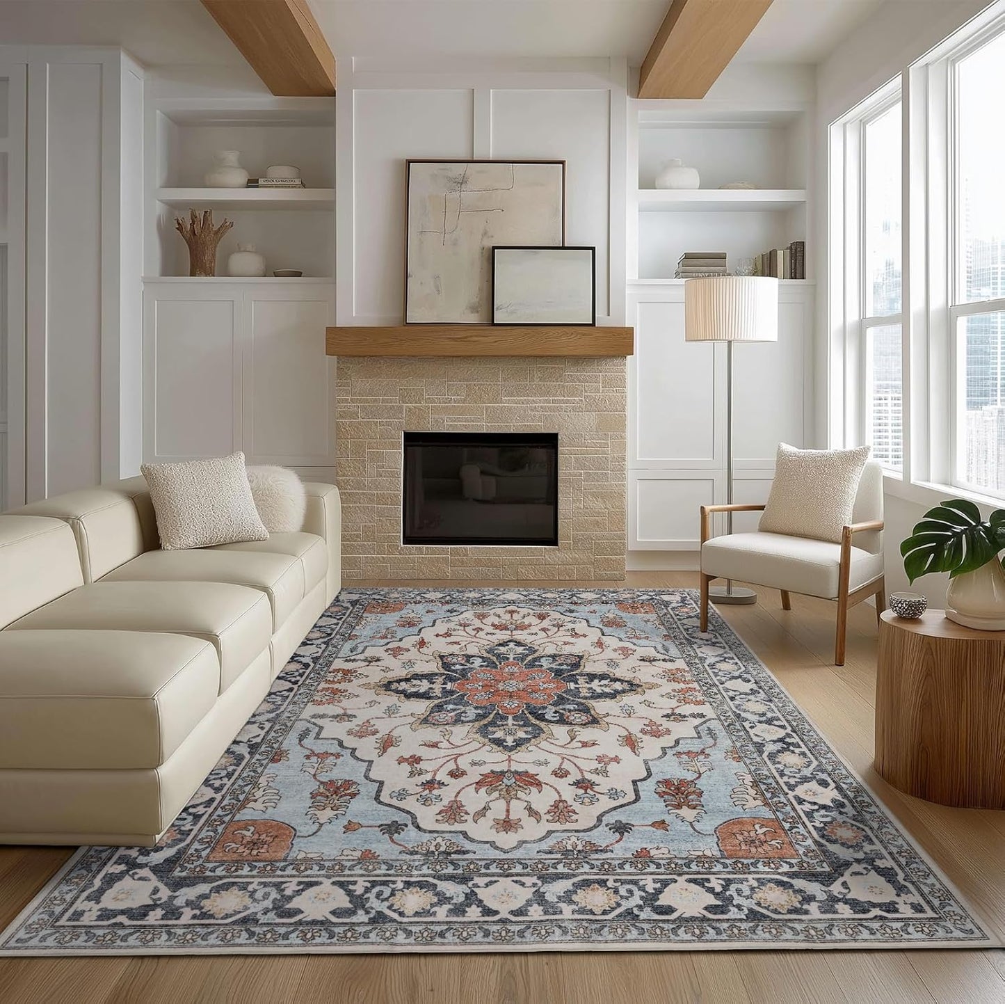 4x6 Washable Area Rug for Living Room, Carpet for Bedroom, Soft Faux Wool Retro Dining Room Rug, Non Slip&Non-Shedding Resistant Low Pile Vintage Print Rug for Home Office (Blue/Gray)