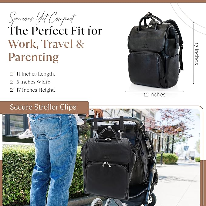 Citi Collective Explorer Black Diaper Bag Backpack - Vegan Leather Diaper Bag with Shoulder Strap, Insulated Bottle Pockets, Changing Pad, Stroller Clip- Versatile Diaper Bag for Baby