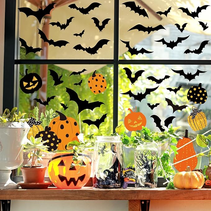Whaline 6 Sheet Halloween Window Clings Black Orange Pumpkin Bat Reusable Window Decals for Haunted Party House Office School Home Glass Decor