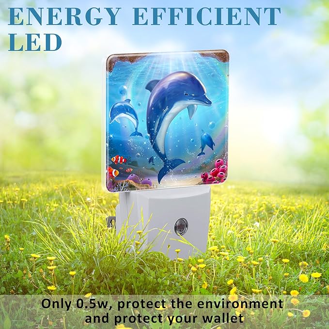 Night Light for Kids Girls Boys, Cute Dolphins in Tropical Sea LED Night Light Plug into Wall with Dusk to Dawn Sensor for Room Decor, Hallway, Kitchen, Bathroom, Nursery, Stairs