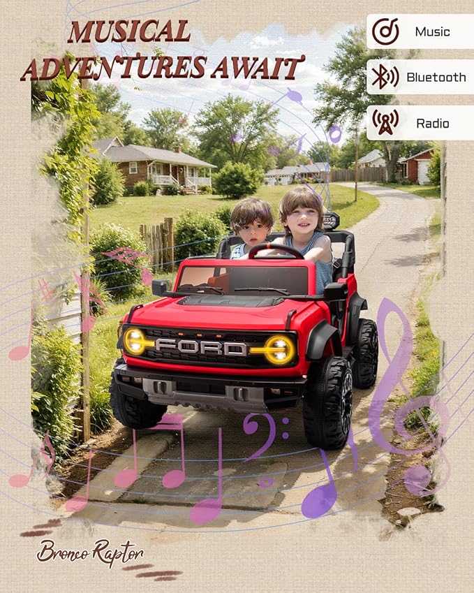 Ford Bronco 24V Ride on Toys for Boys & Girls, 2 Seater Kids Electric Car with Remote Control, Kids Ride on Truck with 4 Wheels Suspension, Led Lights, Safety Belt (24V, Red)