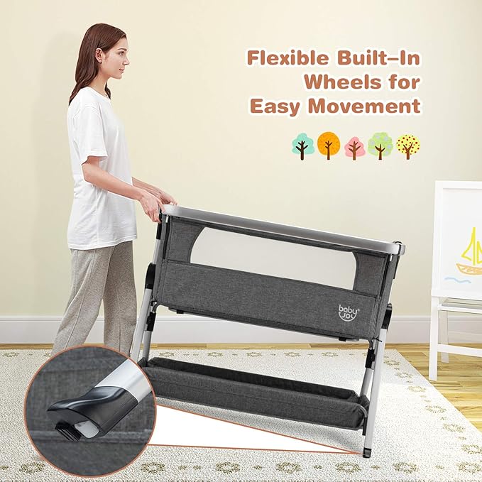 BABY JOY Bedside Bassinet, Portable Baby Crib w/Mattress, Two-Side Breathable Mesh, 7 Height Adjustable, Large Storage, Wheels for Easy Movement, Crib for Newborn Infant, Bassinet for Baby, Dark Grey