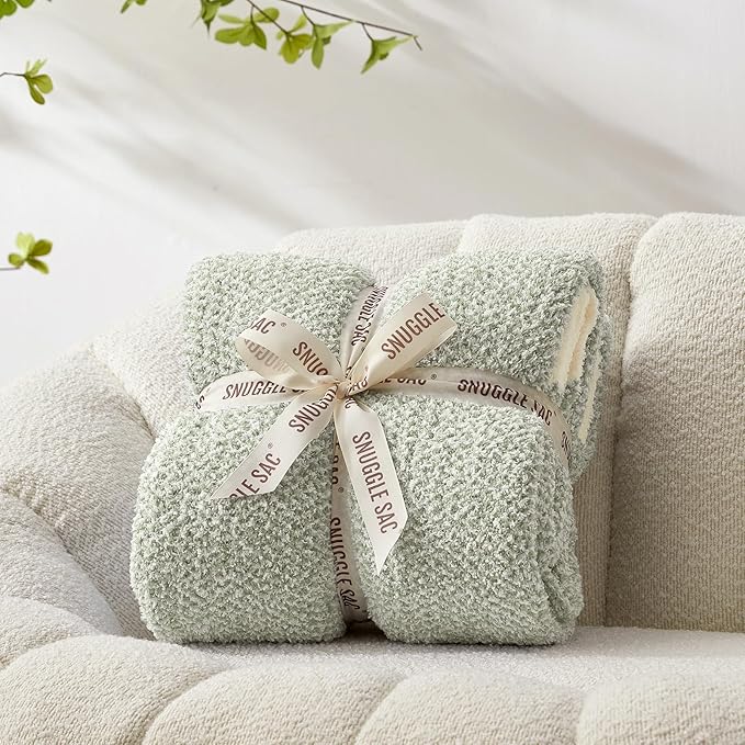 Snuggle Sac Heather Sage Green Throw Blanket for Couch, Reversible Super Soft Knitted Blankets Warm Cozy Fuzzy Throws for Sofa, Bed, Camping, Sage Green, 50x60 inches