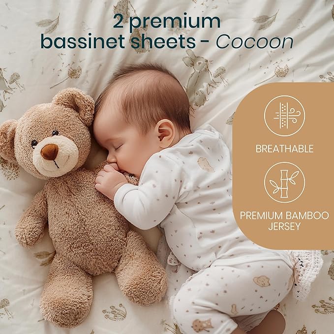 Tutti Bambini Premium Bassinet Sheets (2 Pack) - Soft & Breathable Bamboo Viscose Jersey, Double-Strength Bedside Sleeper Sheets, Fits Mattresses from 20.8 x 31.5 in to 23.6 x 35.4 in (Cocoon)