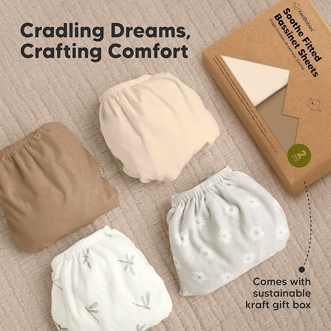 2-Pack Organic Bassinet Sheets for Girls, Boys - 100% Cotton Bassinet Mattress Sheets Compatible with Halo Bassinest Swivel Sleeper, Graco, Baby Delight, Chicco, Unisex Fitted Bassinet Sheets (Pecan)