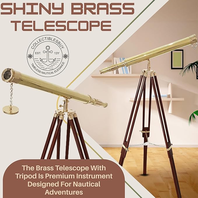 Shiny Brass Nautical Telescope with Wooden Tripod – Vintage Spyglass in Golden & Brown Finish for Home Office Decor, Collector Display & Maritime Gift
