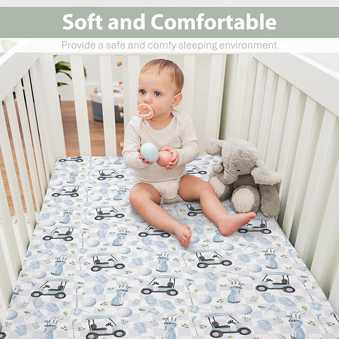 Golf Baby Crib Sheets, 28"x52", Sports, Blue, Polyester, Standard Crib