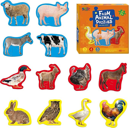 12 Pack Realistic Animal Puzzles, 48 Pieces Step-by-Step Animal Jigsaws, Farm Animal Jigsaw Puzzles with Back Footprint Guide Early Learning for Beginner Preschool Toddlers 3+