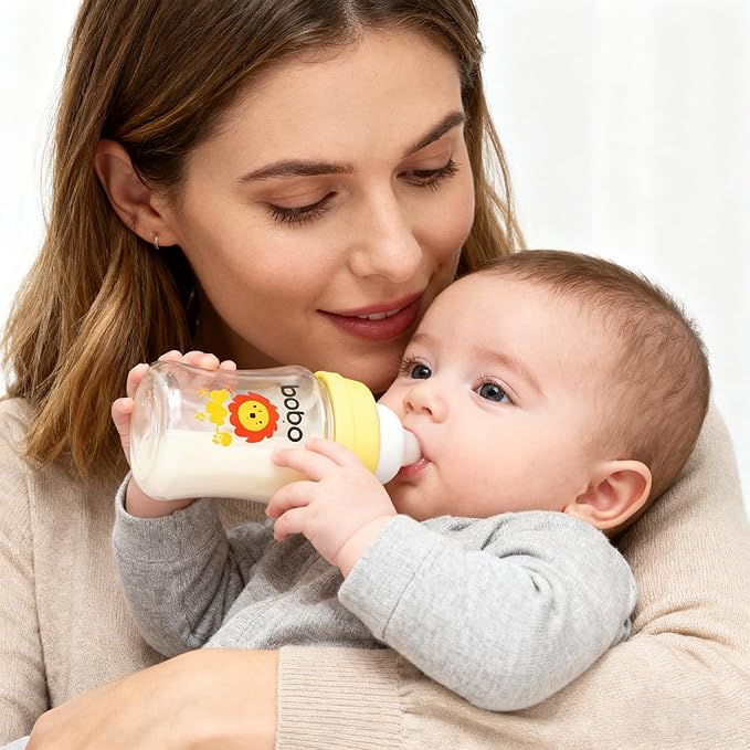 YOHKOH Glass Baby Bottles with Slow Flow Nipple, Newborn Anti-Colic Baby Bottles for 0+ Months, Wide Neck Feeding Bottle, Clear (Yellow, 5oz (Pack of 4))