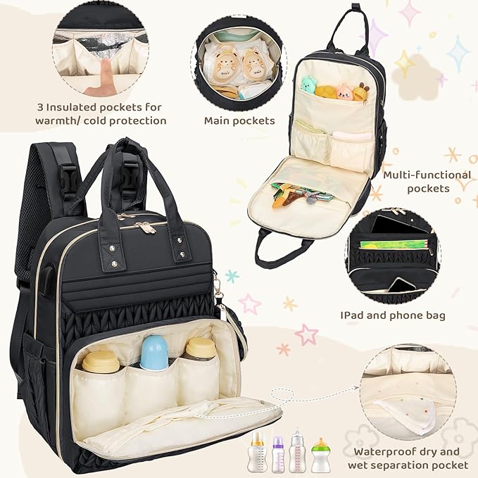 CandyHome Diaper Bag Backpack, Stylish Travel Baby Diaper Bags with Changing Pad, Insulated Pockets, Waterproof Baby Bag Converts into Tote Bag, Diaper Backpack, Stroller Bag (Black)