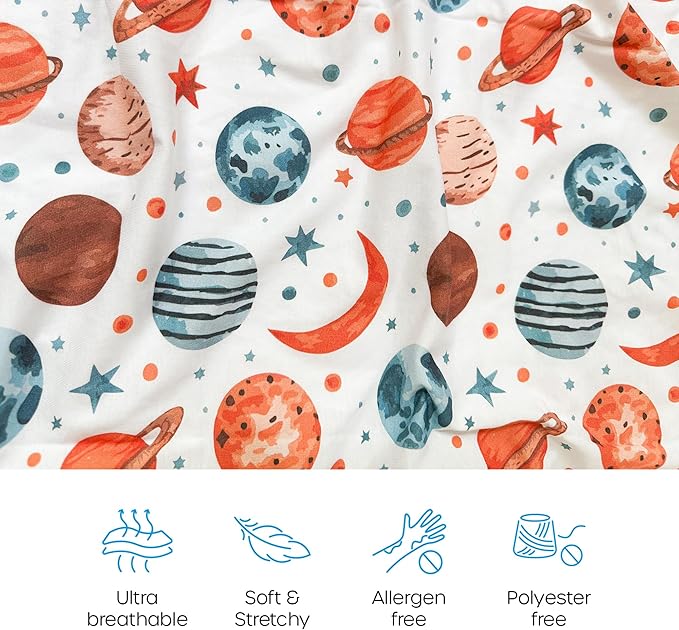Quiggly Bassinet Sheets for Guava Lotus, 2 Pack Organic Cotton Jersey Knit, Vibrant Space Star & Planet Patterns - Fits Travel Crib Mattresses for Boys & Girls (Bassinet, Starry Slumber)