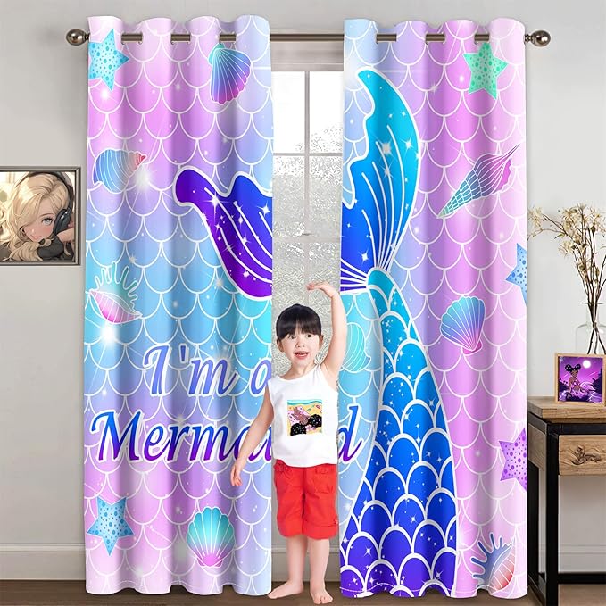 Mermaid Curtain Panels for Girls Room 2Pcs, Pink Cartoon Blackout Curtains 84 inch Length for Girls Bedroom Nursery Room Grommet Top Thermal Insulated Curtains, Dinosaur Print, 82" x 84"