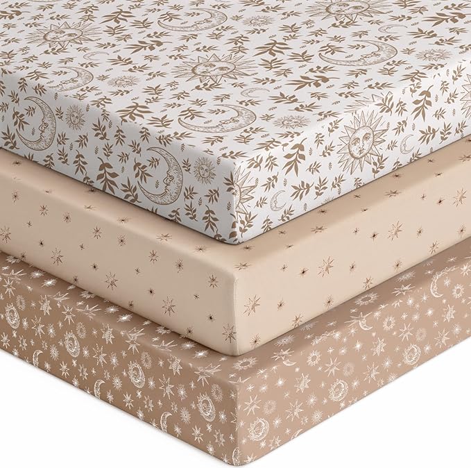 Baby Crib Sheets for Boys Girls, 28x52x8in Fitted Crib Sheet Neutral 3 Pack for Standard Crib and Toddler Mattress, Breathable Soft Microfiber Baby Sheet White Brown Sun God