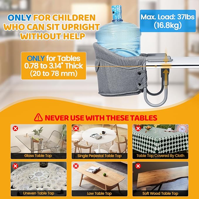 Orzbow Hook On High Chair with Removable Dining Tray, Folding Portable High Chair with Storage Bags, Baby Table Booster Seat, Easy Clip on Table Feeding HighChair for Travel, Restaurant and Home, Grey