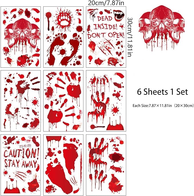 9 Sheets Halloween Bloody Handprint Footprint Window Stickers Halloween Window Clings Bloodstain Skull Footprint Designs Double Side Scary Bloody Handprint Stickers for Party Decor