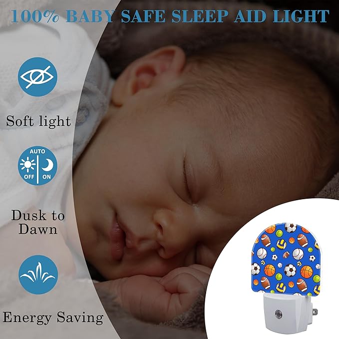Cartoon Sports Balls Night Light for Kids, LED Night Light Plug into Wall with Dusk to Dawn Sensor for Girls Boys Women Men Room Decor, Hallway, Kitchen, Bathroom, Nursery, Stairs
