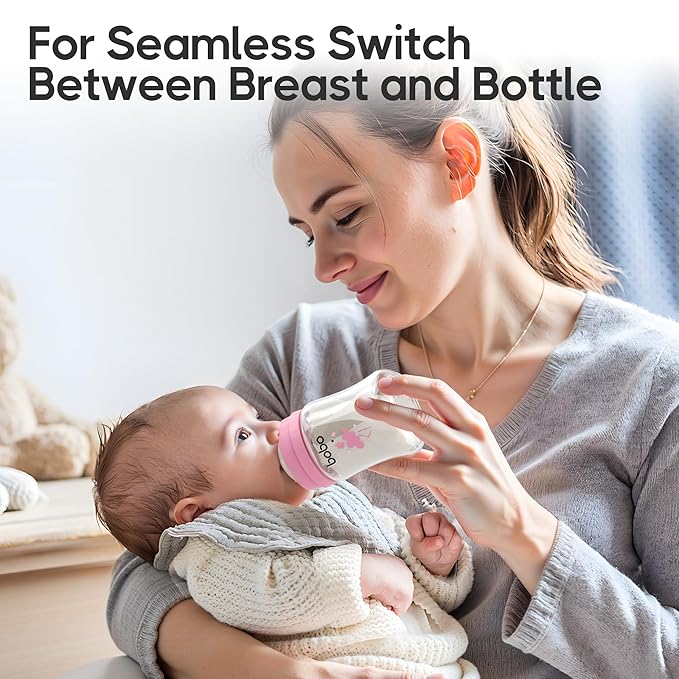 YOHKOH Glass Baby Bottles with Slow Flow Nipple, Newborn Anti-Colic Baby Bottles for 0+ Months, Wide Neck Feeding Bottle, Clear (Red, 5oz (Pack of 2))