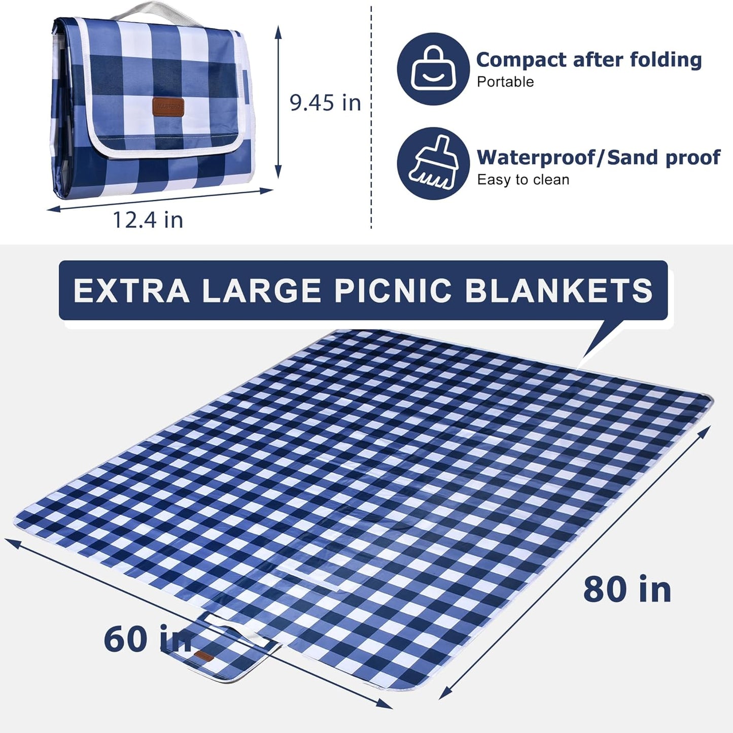 80"x60" Waterproof Sandproof Picnic Mat - Portable Foldable Outdoor Blanket for Beach, Park, Travel & Indoor Use - Lightweight Compact Design, Easy-Carry (Blue&White)