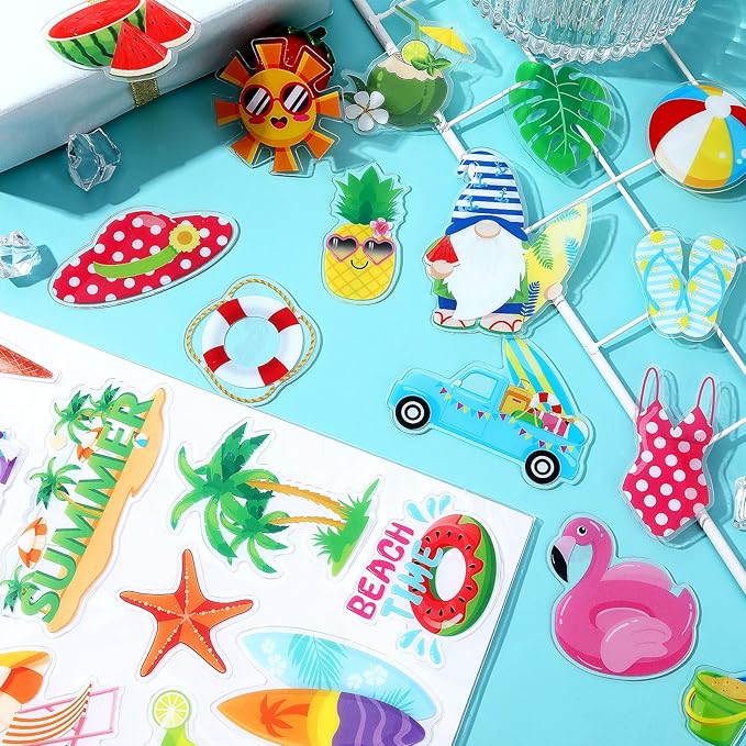 MARFOREVER 25 PCS Summer Window Thick Gel Clings Stickers Reusable Hawaiian Seasonal Window Clings Decals for Classroom Nursery Home Beach Summer Party Supplies Decorations