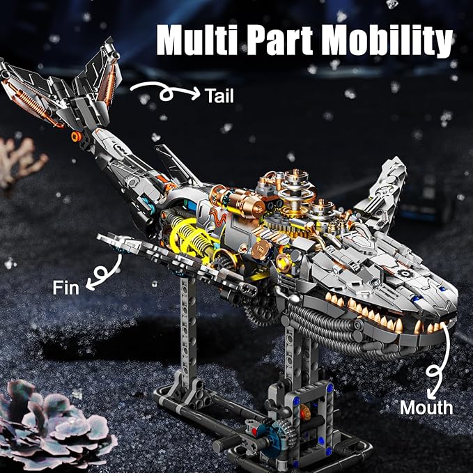 Mech Whale Building Kit with LED Lights, Compatible with Lego Shark, Creative Ocean Building Block Toys, Interactive Design, Home/Office Decor, Gift for Adult＆ Kids Age 12+