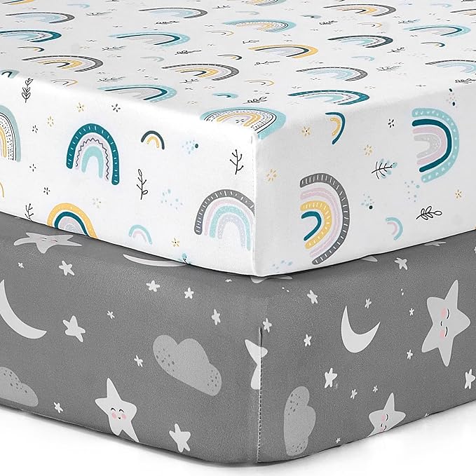 BBROLEX Baby Fitted Crib Sheets: Kid Crib Sheets - Set of 2 for Toddler Standard Size Crib Mattress for Boys and Girls - Jersey Knit Crib Bed Sheets Rainbow Stars