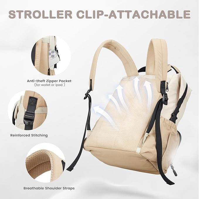 VONAL Diaper Bag Backpack, Lightweight Baby Diaper Bags, Travel Large Diaper Bag with Changing Station, Khiki Diaper Backpack for Boys Girls Newborn with Insulated Pockets, Stroller Straps