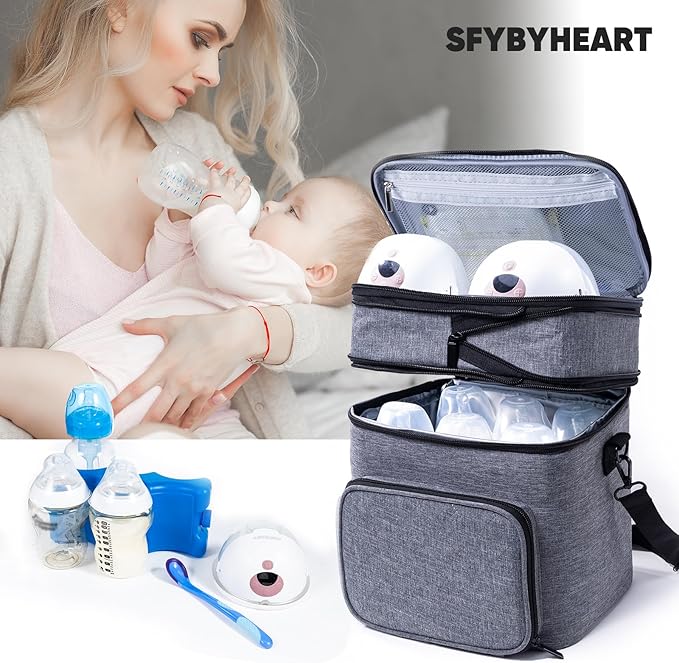 SFYBYHEART Breastmilk Storage Bag with Ice Pack for 6 Baby Bottles - Expandable Breast Pump Bag with Cooler for 6 Mam Bottles Up to 9 Ounce