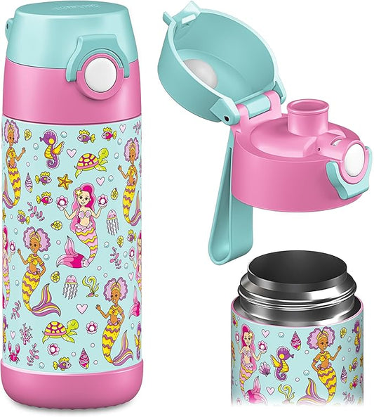Jarlson® Mali Children's Water Bottle, Thermal Stainless Steel Water Bottle, BPA-Free, Leak-Proof, Children's Bottle with Chug Lid, Bottle for School, Nursery (Mermaid, 350 ml)