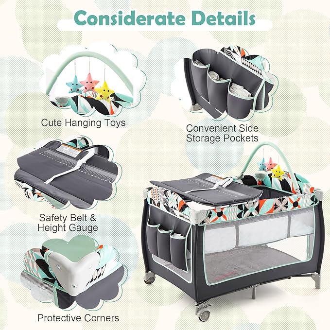 HONEY JOY Pack and Play, 4 in 1 Portable Baby Crib Playpen w/Bassinet, Changing Table, Storage Bag, Hanging Toys, Mattress, Foldable Pack and Play Nursery Center for Infant Boys Girls (Blue)