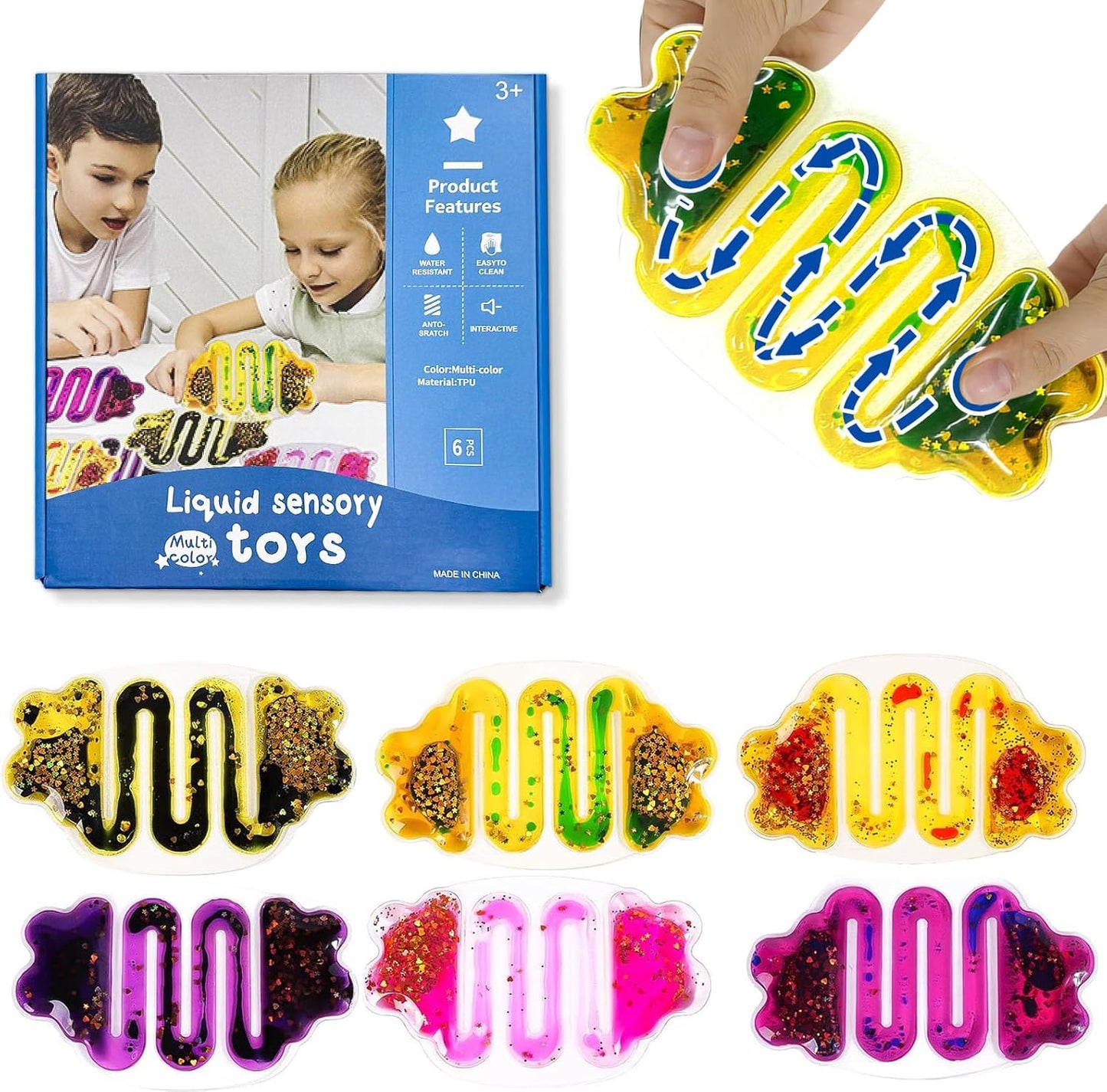 Autism Sensory Fidget Toys: Sensory Toys for Autistic Kids Glitter Sensory Squeeze Tube Anxiety Relief Toys for Ages 3 to Adults Easter Basket Christmas Stocking Stuffers Set of 6 Multi-Color