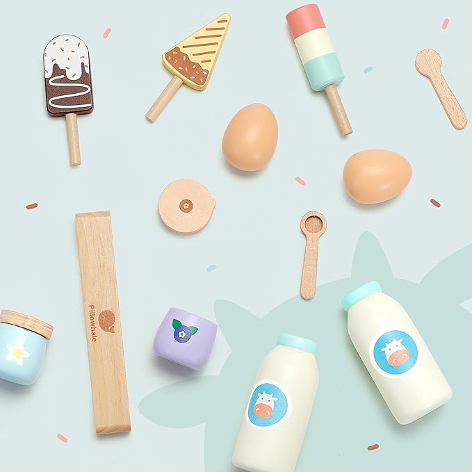 12-Piece Wooden Dairy & Ice Cream Play Food Set – Pretend Fridge Food Accessories w/ Milk Bottles Yogurt Cups Eggs Pastel Popsicles & Holder – Montessori Kitchen Toy for Kids Ages 3+